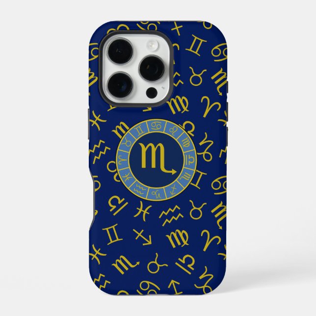 Coque iPhone Scorpio Zodiac+Astrologie Symboles Motif Gld+Blues (Verso)