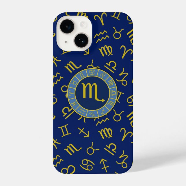 Coque iPhone Scorpio Zodiac+Astrologie Symboles Motif Gld+Blues (Verso)