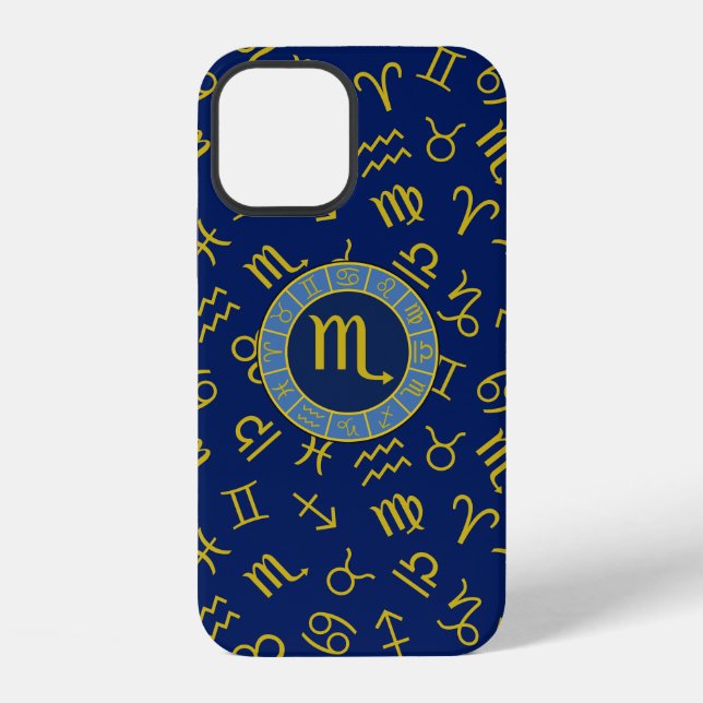 Coque iPhone Scorpio Zodiac+Astrologie Symboles Motif Gld+Blues (Verso)