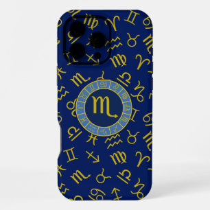 Coque iPhone 16 Pro Max Scorpio Zodiac+Astrologie Symboles Motif Gld+Blues