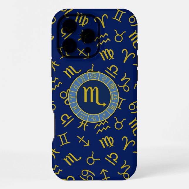 Coque iPhone Scorpio Zodiac+Astrologie Symboles Motif Gld+Blues (Verso)