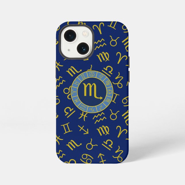 Coque iPhone Scorpio Zodiac+Astrologie Symboles Motif Gld+Blues (Verso)