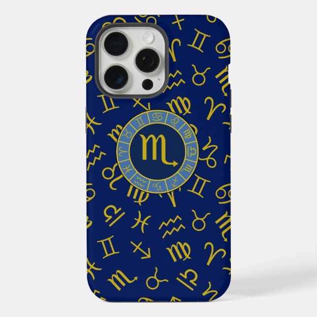 Coque iPhone Scorpio Zodiac+Astrologie Symboles Motif Gld+Blues (Verso)