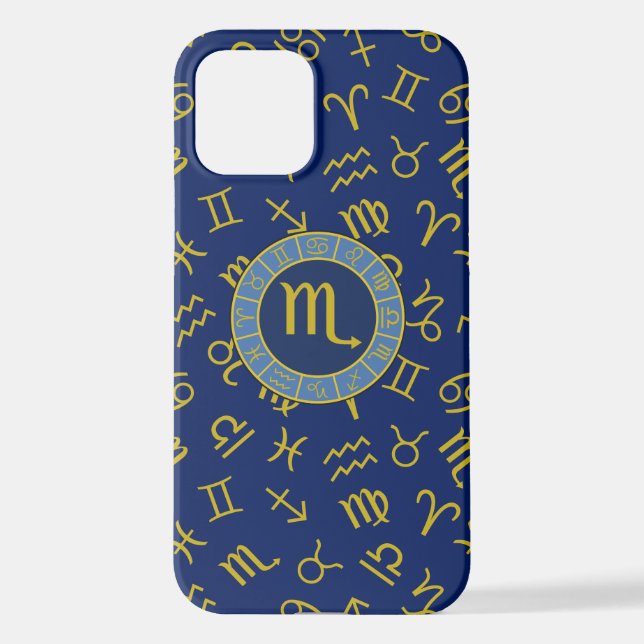 Coque iPhone Scorpio Zodiac+Astrology Symbols Pattern Gld+Blues (Verso)