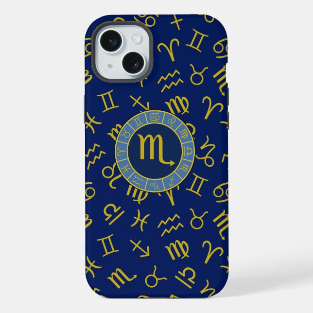 Coque iPhone Scorpio Zodiac+Astrology Symbols Pattern Gld+Blues (Verso)