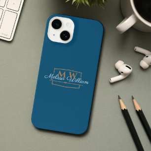 Coque Pour iPhone 14 Script de nom du monogramme d'or bleu blanc