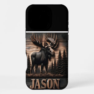 Coque iPhone 16 Pro Max Sculpture en bois de orignal personnalisée