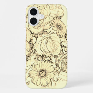 Coque iPhone 16 Plus Sepia Bouquet Outline Roses Daises