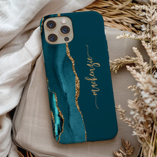 Etui iPhone 13 Pro Signature personnalisée bleu sarcelle or Agate