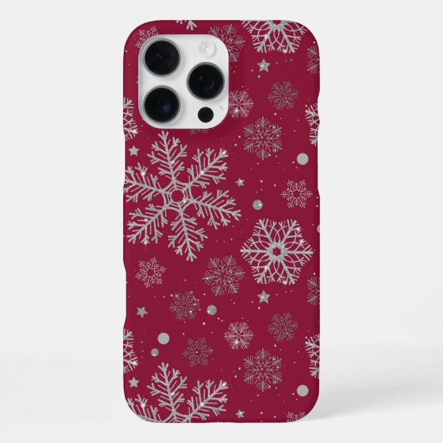 Coque iPhone Silver snowflakes on dark red (Verso)