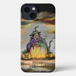Etui iPhone 13 Sorcière et chat noir, Happy Halloween !