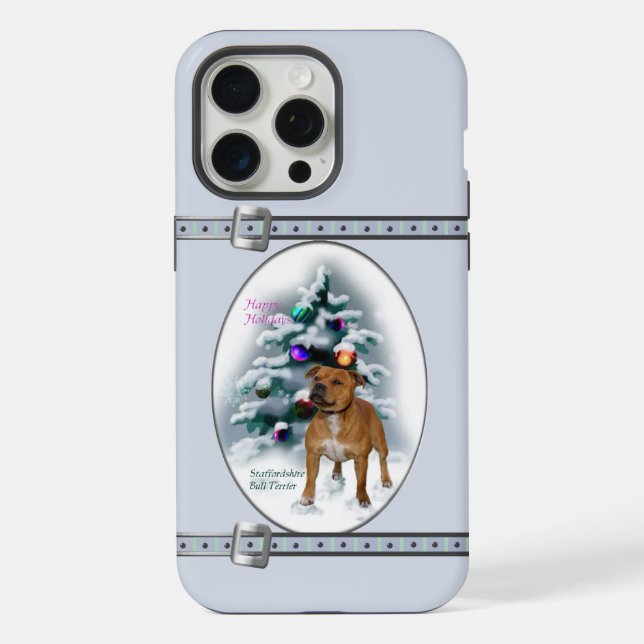 Coque iPhone Staffordshire Bull Terrier Vacances de Noël bleues (Verso)