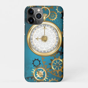 Coque iPhone 11Pro Steampunk Arrière - plan turquoise avec Gears