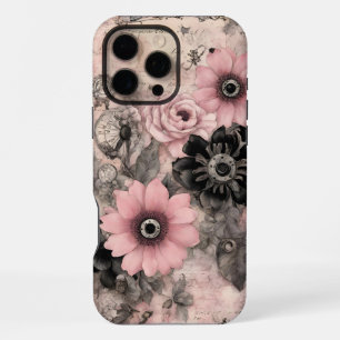 Coque iPhone 16 Pro Max Steampunk Bohème Vintage Fleurs Roses et Noires