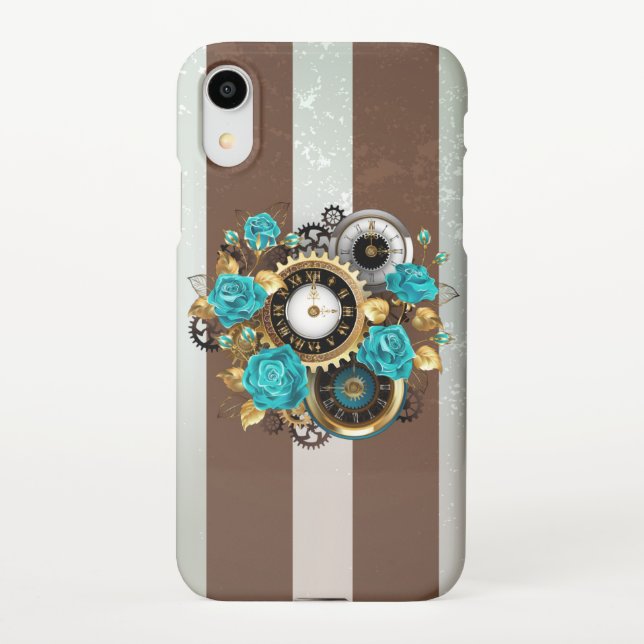Coque iPhone Steampunk Clock and Turquoise Roses on Striped (Dos)