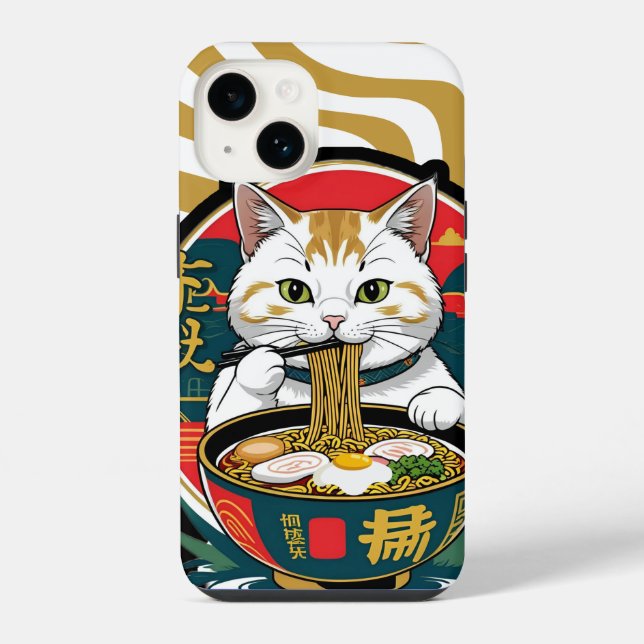Coque iPhone Sympa Chat Lucky Manger Ramen Bowl Illustration (Verso)