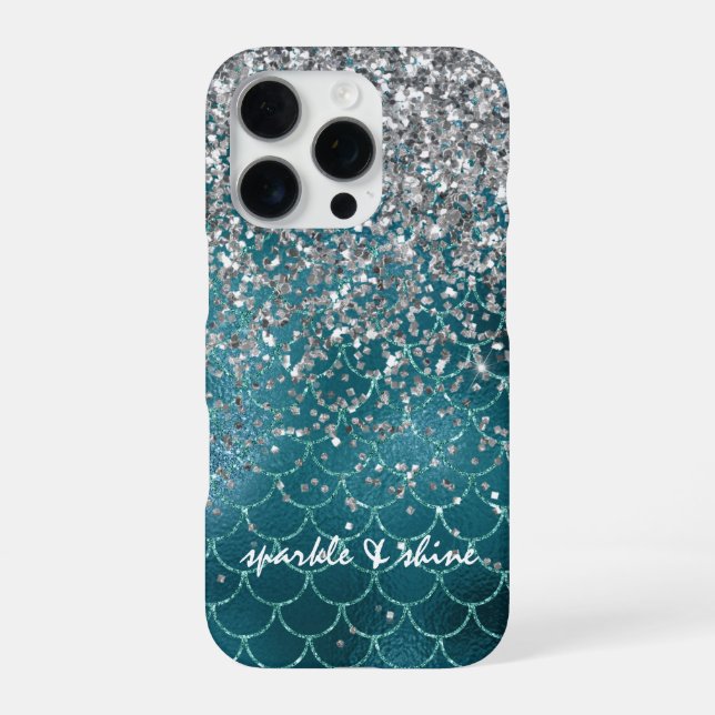 Coque iPhone Teal Silver Sparkle Mermaid personalized (Verso)