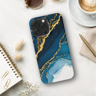 Etui iPhone 13 Pro Teintes de bleu avec encre alcoolique dorée