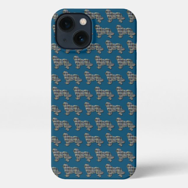Coque iPhone Terre-Neuve Chien mignon Silhouette Grille bleu (Verso)