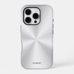 Coque iPhone 16 Pro Texture métallique argentée aspect acier inoxydabl