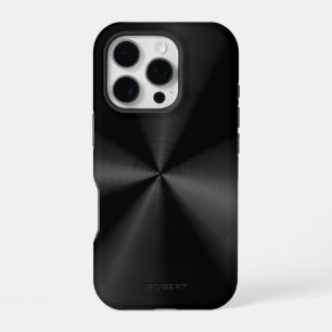 Coque iPhone 16 Pro Texture métallique noire aspect acier inoxydable