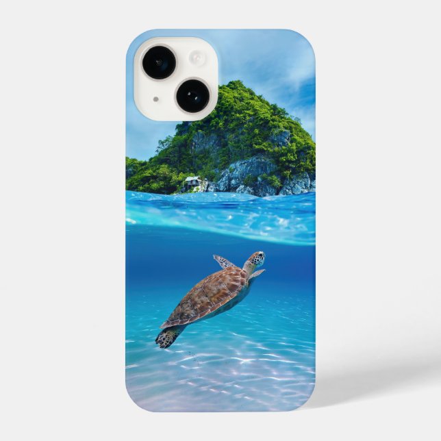 Coque iPhone Tortue de mer mignonne devant une île tropicale (Verso)
