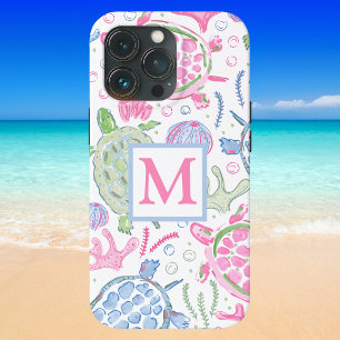 Etui iPhone 13 Pro Tortues de mer à l'aquarelle Océan Monogramme Côté