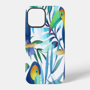 Coque iPhone 12 Toucans tropicaux : Motif de fleurs exotiques.