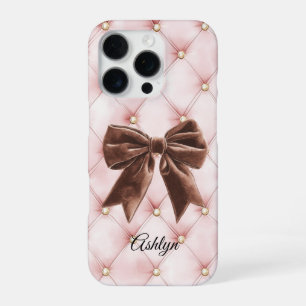 Coque iPhone 16 Pro Touffes Or Rose Noeud Papillon Marron