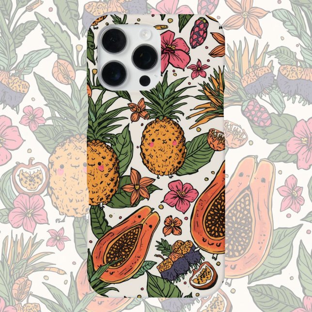 Coque iPhone Tropical Fruit Squad | Cute Retro Pineapple Papaya (Créateur téléchargé)