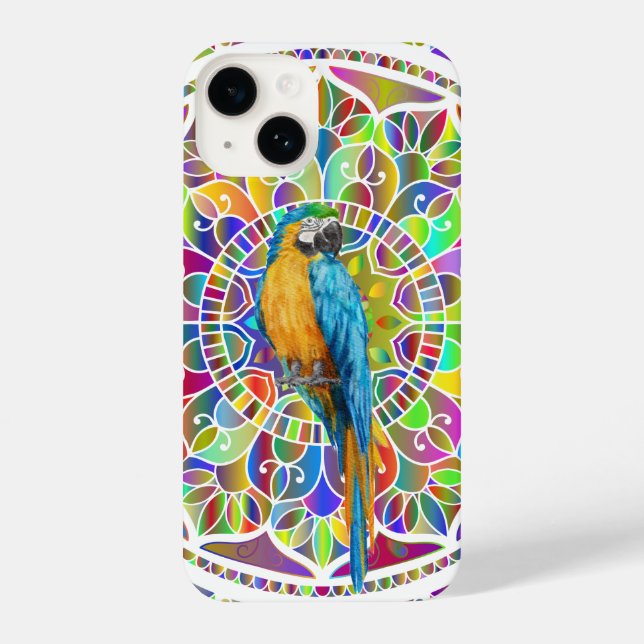 Coque iPhone Tropical Mosaic – Blue & Gold Macaw Mandala (Verso)