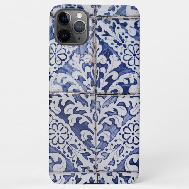Coque iPhone Tuiles portugaises - Azulejo Floral bleu et blanc (Dos)