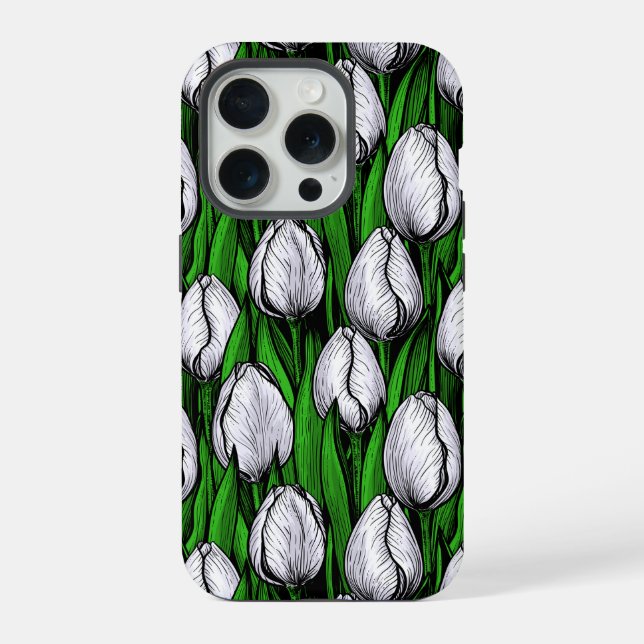 Coque iPhone Tulières blanches avec feuilles verts (Verso)