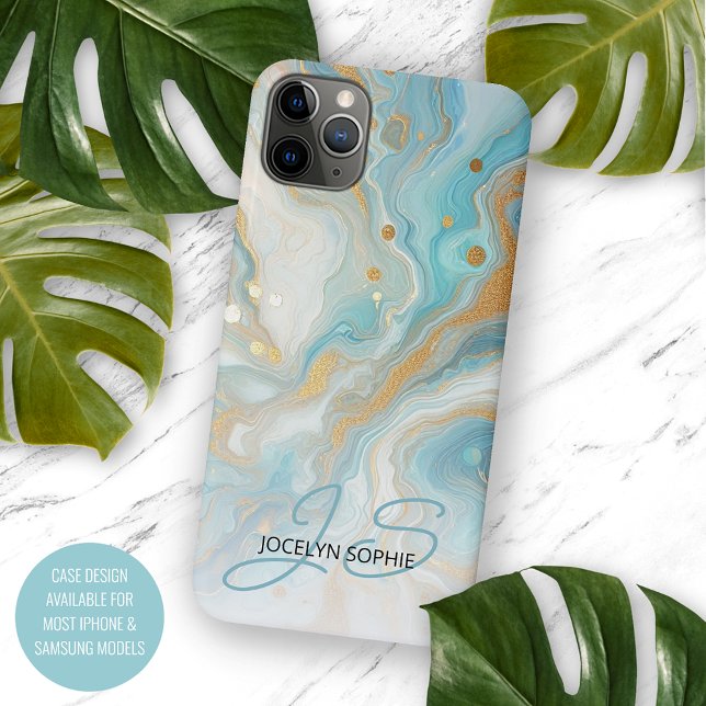 Coque iPhone Turquoise Aqua Turquoise Blue Gold Marble Art Moti (Créateur téléchargé)