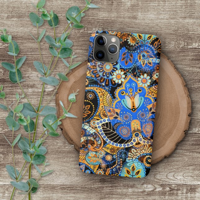 Coque iPhone Turquoise Bleu Orange Noir Paisley Art Floral (Créateur téléchargé)