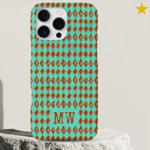 Coque iPhone 16 Pro Max Turquoise Doodle Diamant Motif Monogramme Personna