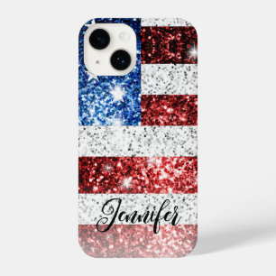 Coque Pour iPhone 14 USA flag rouge blanc bleu faux scintillants Votre