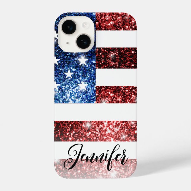 Coque iPhone USA flag rouge bleu faux scintille parties scintil (Verso)