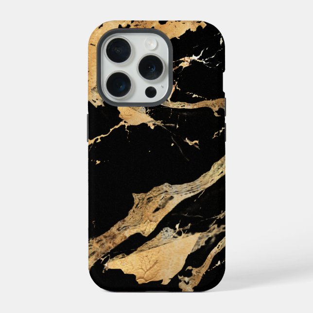 Coque iPhone Veines d'or sur le marbre noir-Abstrait texture de (Verso)
