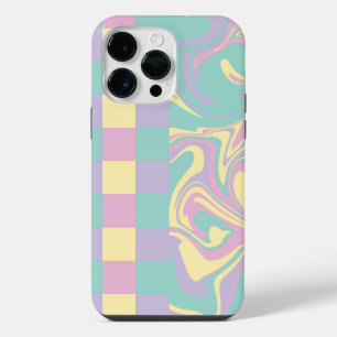 Coque Pour Pour iPhone 14 Pro Max Vérifications et tourbillons rose pastel, jaune, v