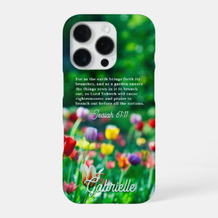 Coque iPhone 16 Pro Verset biblique du jardin de tulipes