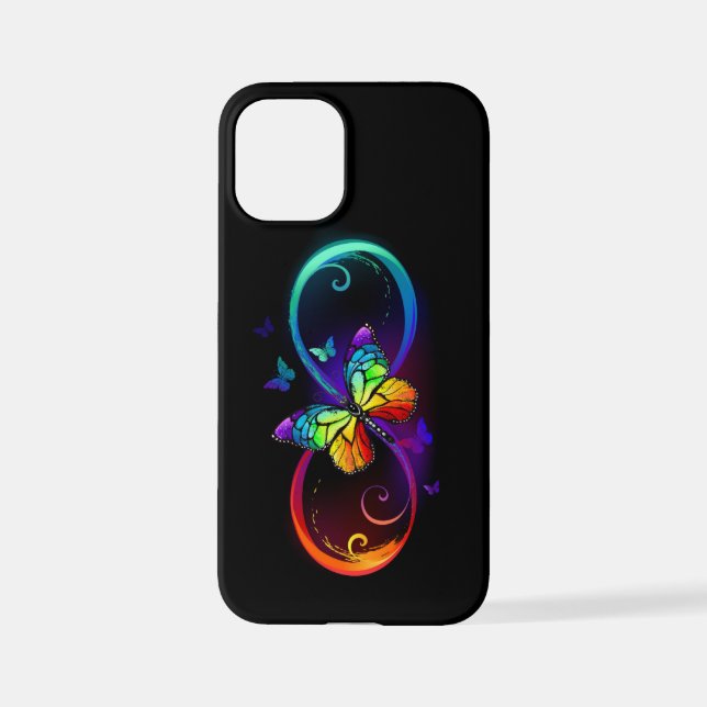 Coque iPhone Vibrant infinity with rainbow butterfly on black (Verso)