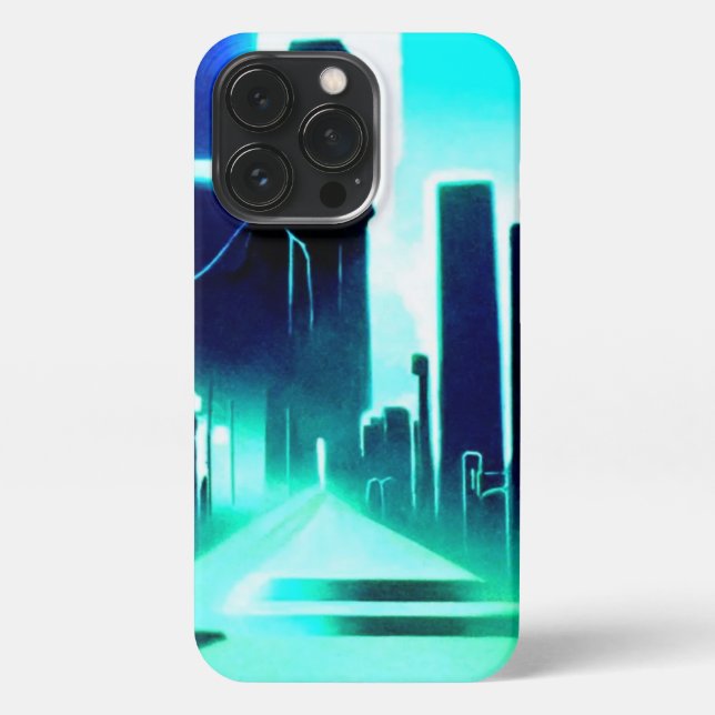 Coque iPhone Ville futuriste Blue and Cyan Gritty (Verso)