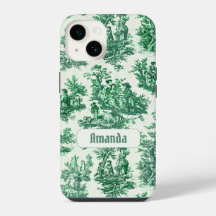 Coque Pour iPhone 14 Vintage Green Toile Jouy Floral Monogramme Françai