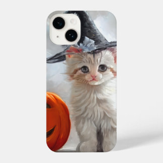 Coque Pour iPhone 14 Vintage Halloween White Kitten and Jack-o'-lantern