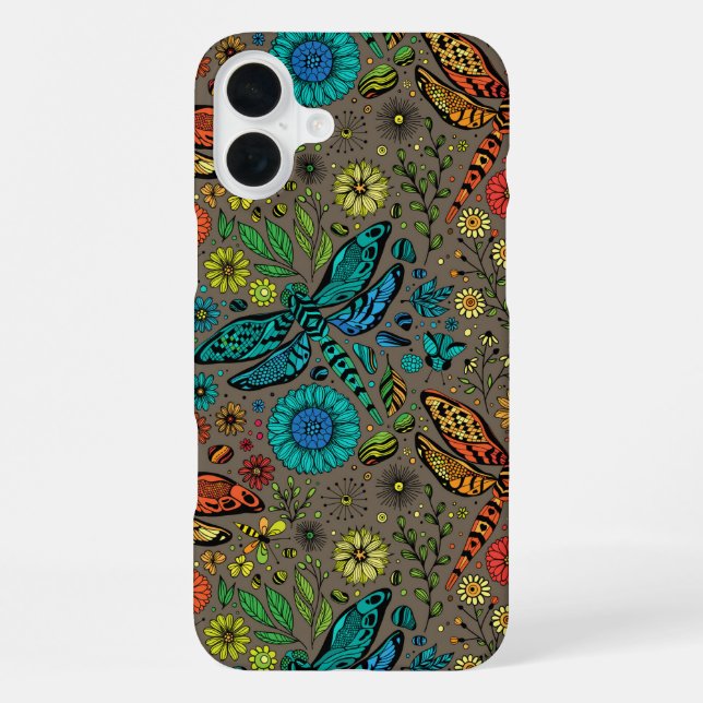 Coque iPhone Voler, libellule de mouche sur brun (Verso)