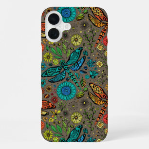 Coque iPhone 16 Plus Voler, voler libellule sur brun