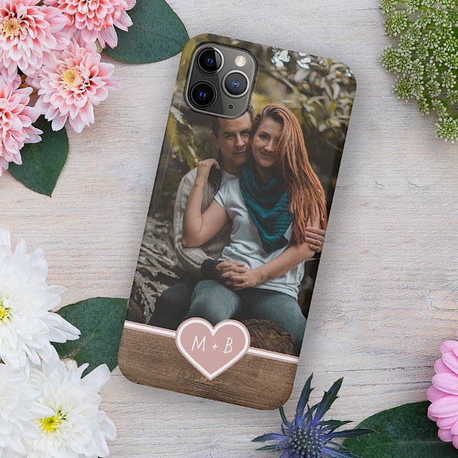 Coque iPhone Votre Photographie Amour Coeur sur Motif Woodgrain (Créateur téléchargé)