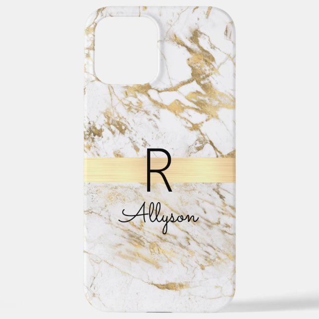 Coque iPhone Wh & Gold Marble Gold Bar, do-it-yourself Nom Noir (Verso)