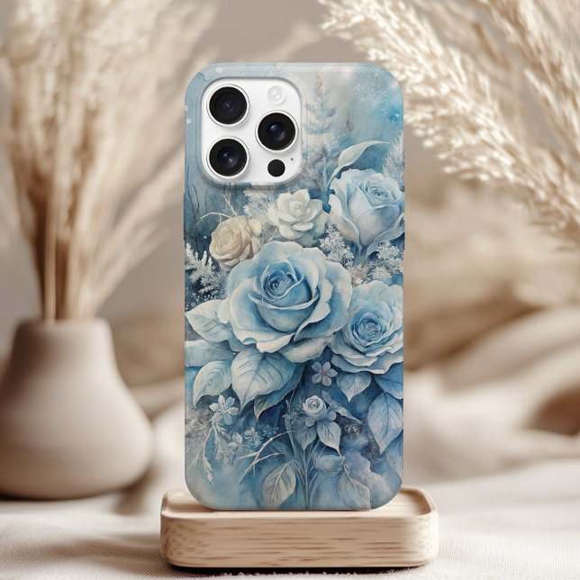 Coque iPhone Winter Blue Roses - Elegant Ice Floral  (Winter Blue Roses - Elegant Ice Floral iPhone Case on a neutral boho table)